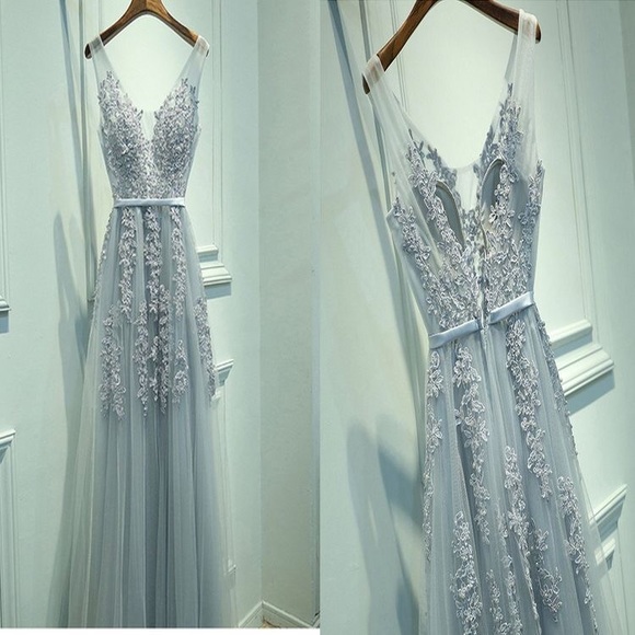 blue grey prom dress